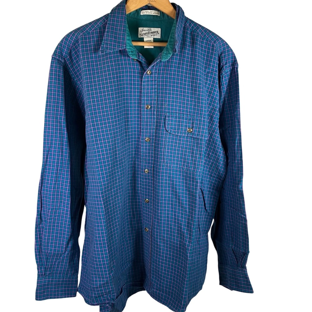 Vintage Sears Roebuck Mens Blue Plaid Long Sleeve‎ Button Up Shirt Large